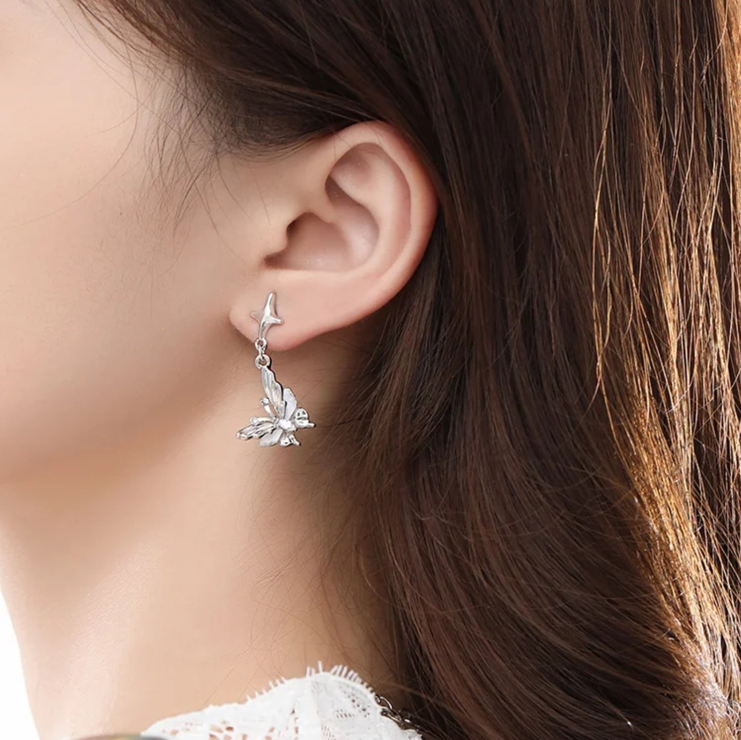 Chic Xie Lian Asymmetrical Silver Butterfly Stud Earring