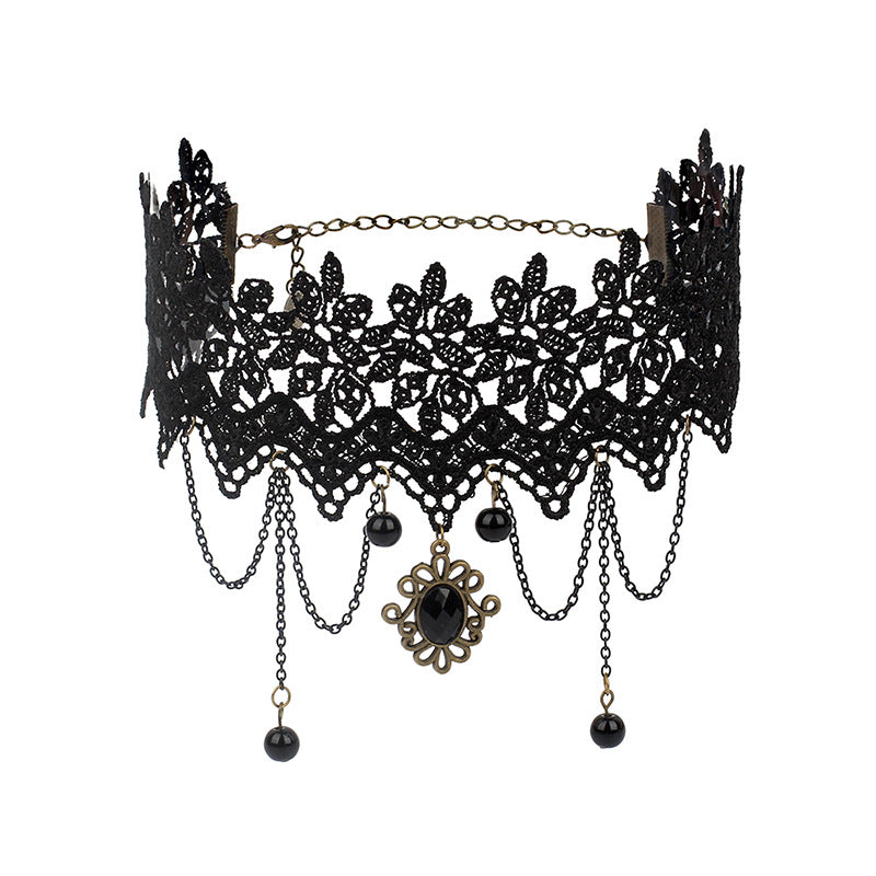 Retro Black Gothic Lolita Lace Tassel Choker Necklace