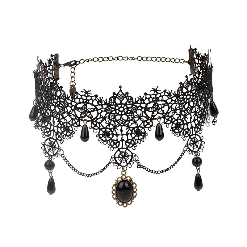 Retro Black Gothic Lolita Lace Tassel Choker Necklace