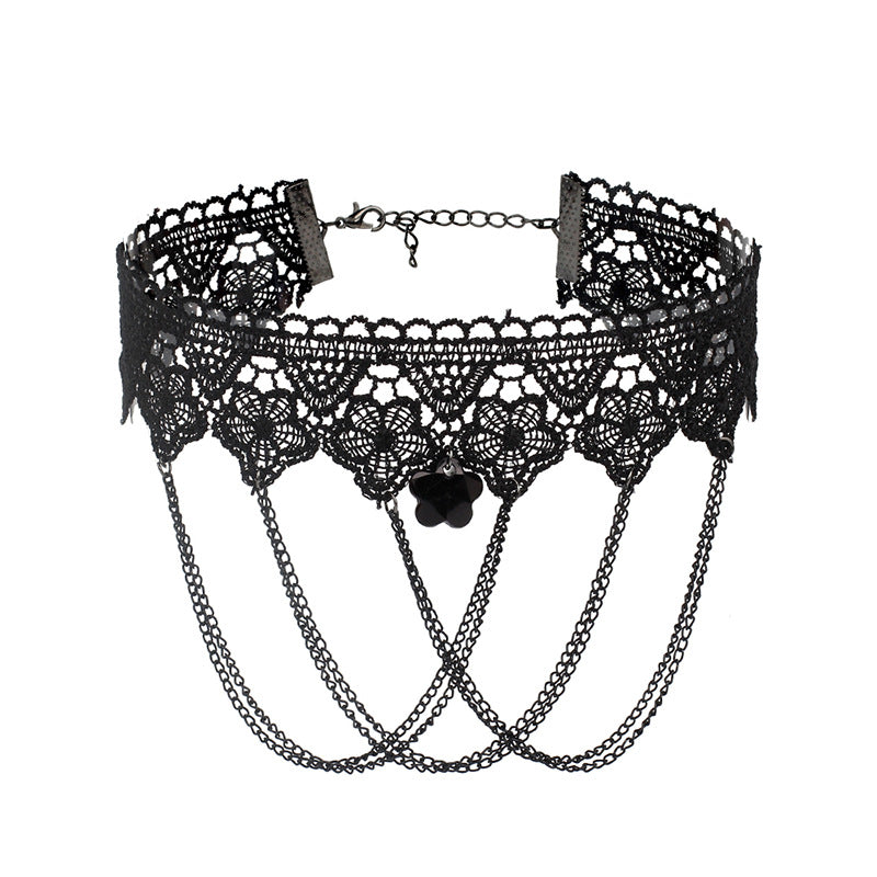 Retro Black Gothic Lolita Lace Tassel Choker Necklace