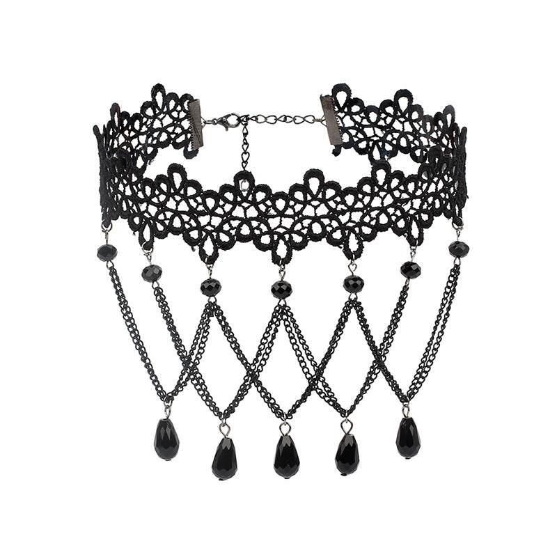 Retro Black Gothic Lolita Lace Tassel Choker Necklace