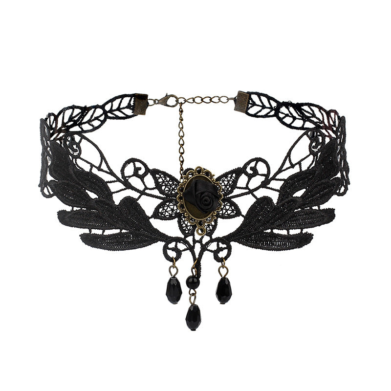 Retro Black Gothic Lolita Lace Tassel Choker Necklace