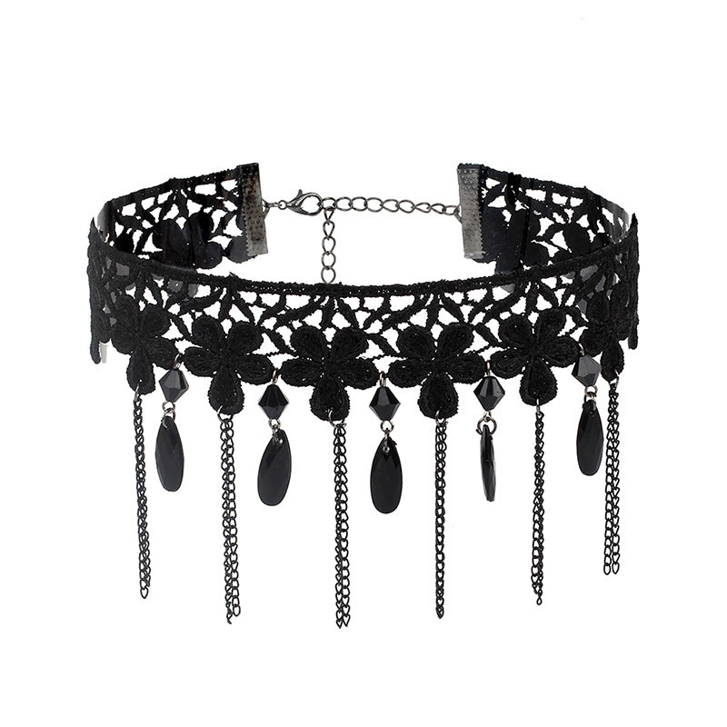 Retro Black Gothic Lolita Lace Tassel Choker Necklace