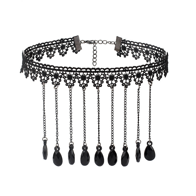 Retro Black Gothic Lolita Lace Tassel Choker Necklace