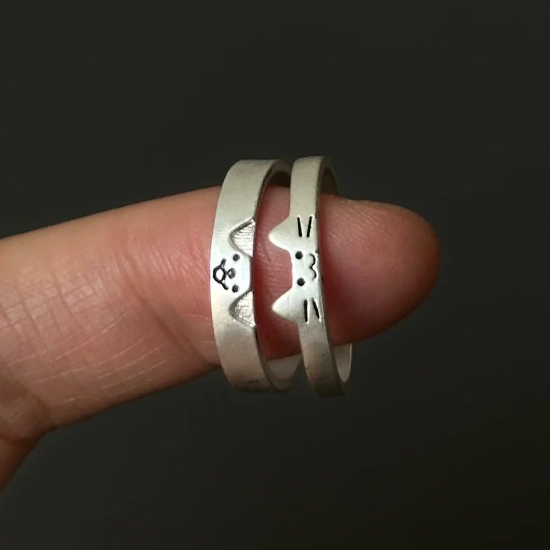 Cute Silver Cat & Dog Couple Open Rings