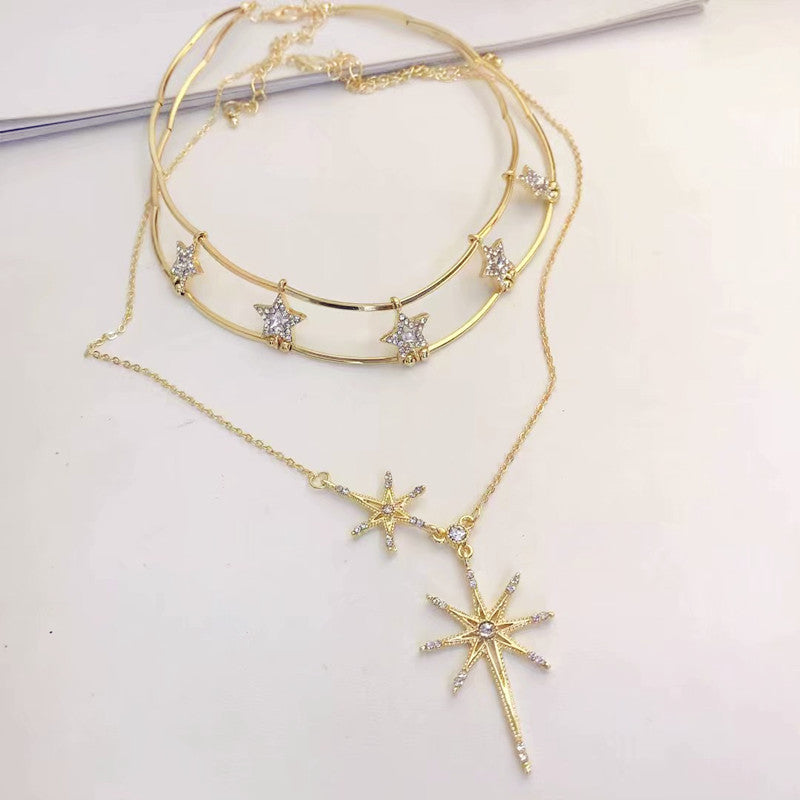 Vintage Golden Star Rhinestone Shining Metal Necklace