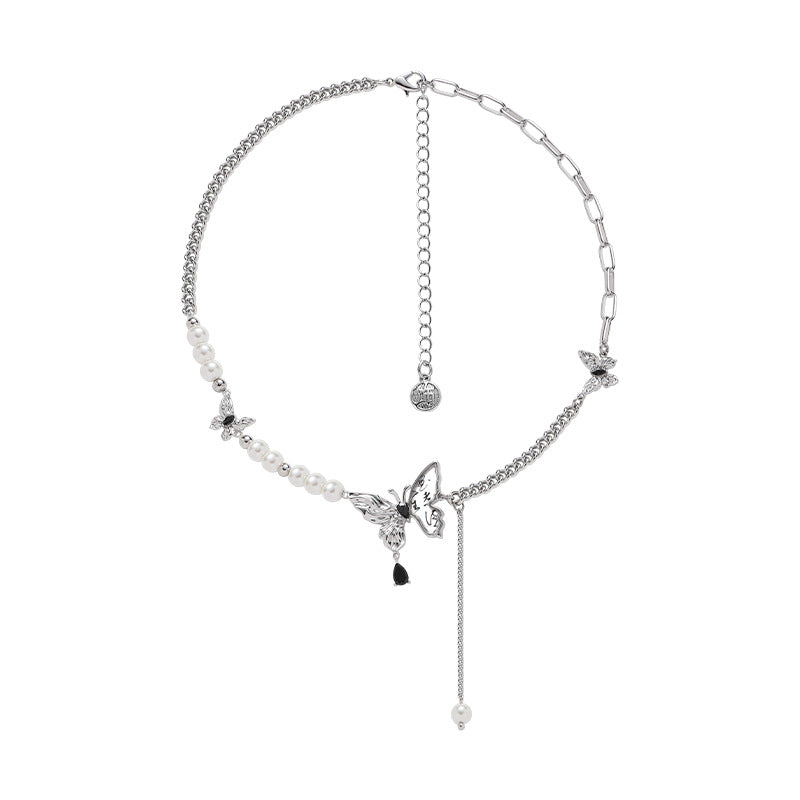 Silver Butterfly Pearl Tassel Necklace