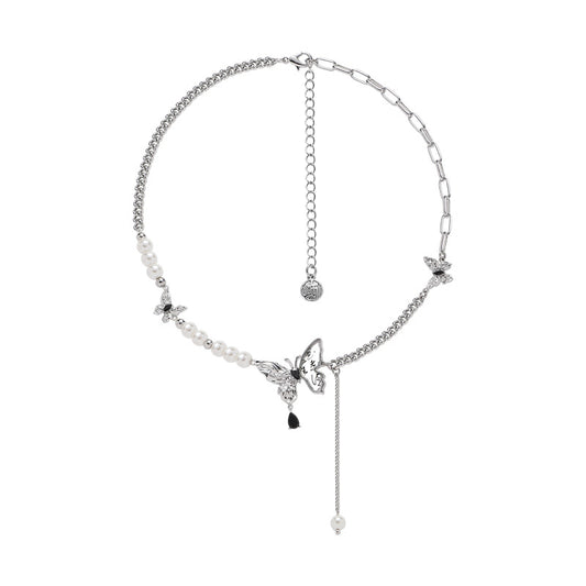 Silver Butterfly Pearl Tassel Necklace