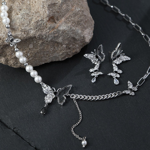 Silver Butterfly Pearl Tassel Necklace