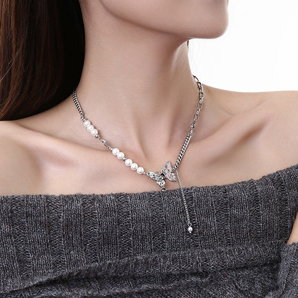 Silver Butterfly Pearl Tassel Necklace