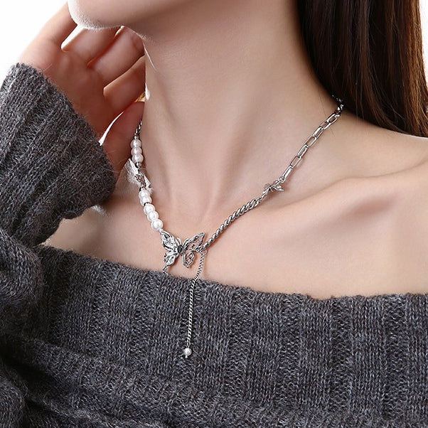 Silver Butterfly Pearl Tassel Necklace