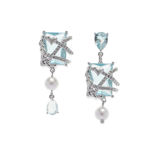 Sweet Girl Blue Square Cube Pearl Earrings