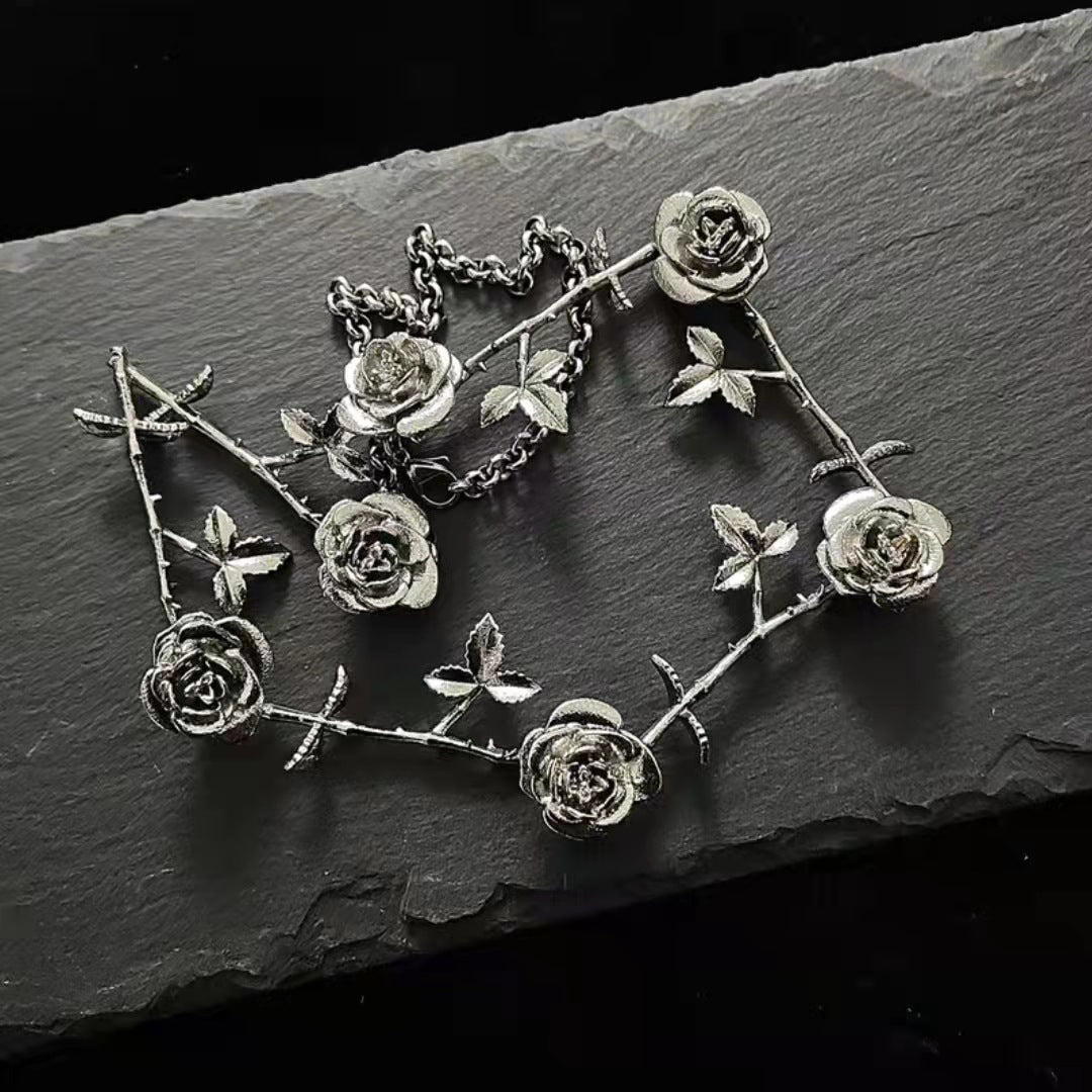 Unique Romantic Women Silver Metal Rose Necklace