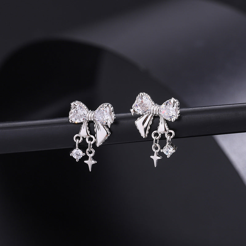 Sweet Girl S925 Silver Shining Zircon Bow Stud Earring