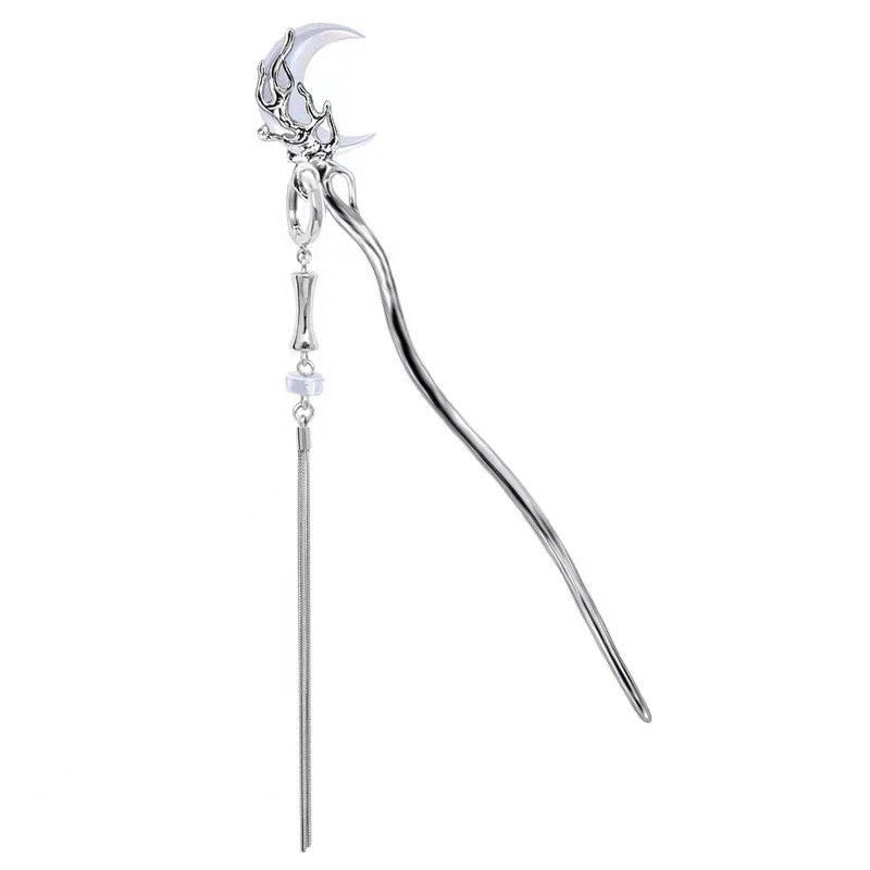 Designer White Half Moon Tassel Metal Hairpin