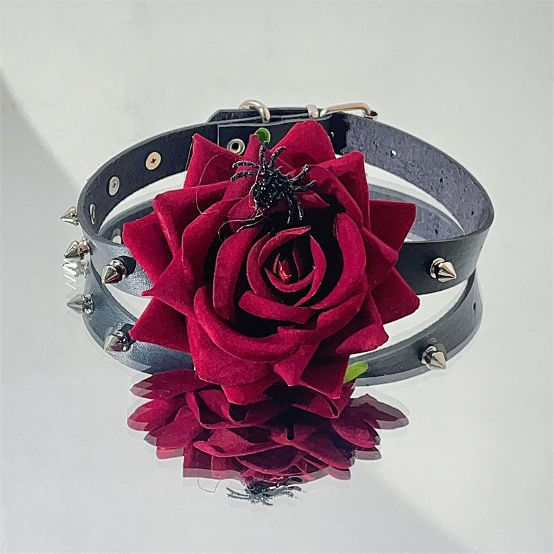 Gothic Style Girl Red Rose Leather Choker Necklace