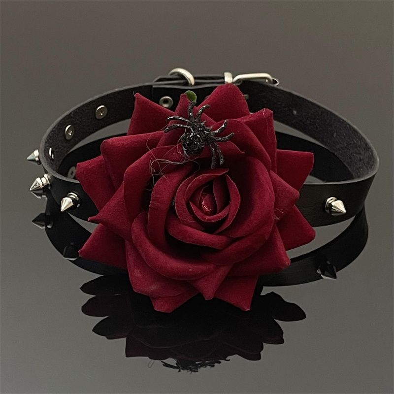 Gothic Style Girl Red Rose Leather Choker Necklace