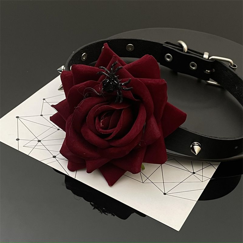 Gothic Style Girl Red Rose Leather Choker Necklace