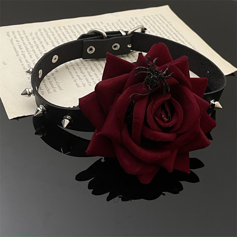 Gothic Style Girl Red Rose Leather Choker Necklace