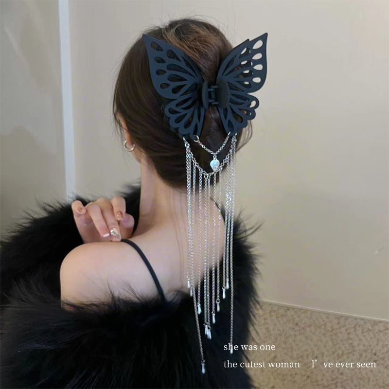 Black Butterfly Shining Rhinestone Tassel Hair Clip