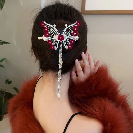 PRE SALE- Shipped in 15 days  Women Pretty Red Flower Rhinestone Butterfly Tassel Hairpin