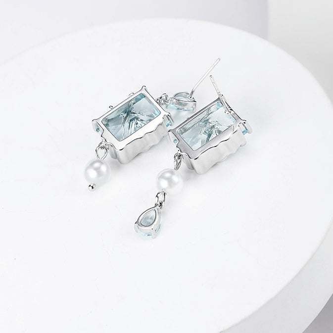 Sweet Girl Blue Square Cube Pearl Earrings