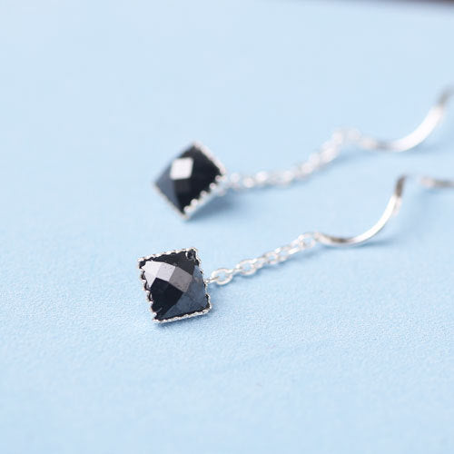 S925 Silver Thread Elegant Wave Black Square Agate Earrings