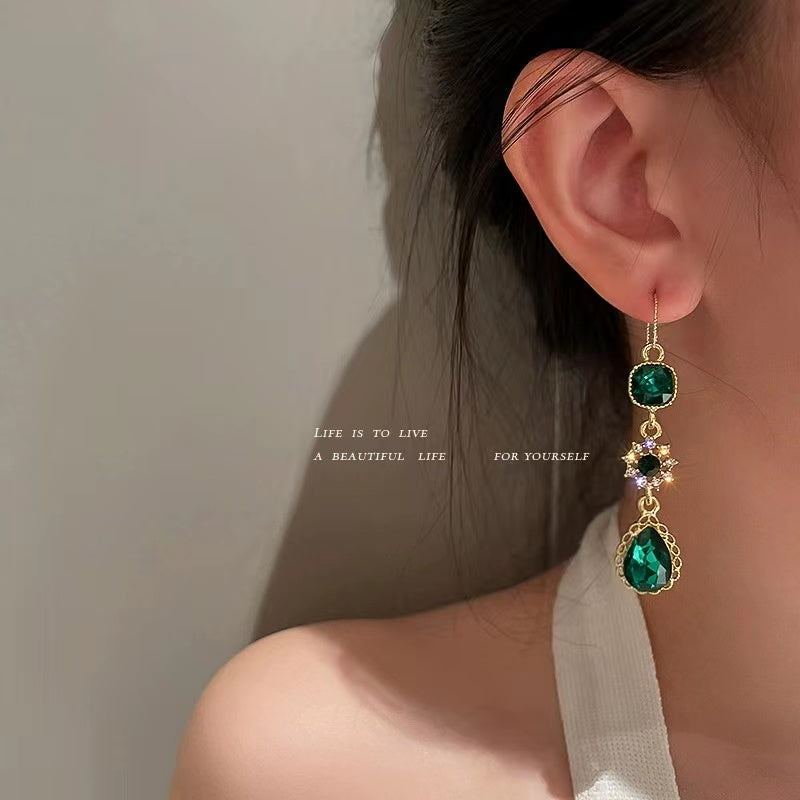 Women Vintage Crystal Art Deco Green Drop Earrings