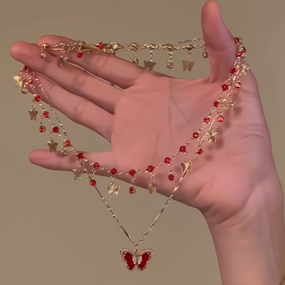 Y2K Girl Red Butterfly Double Layered Chain Necklace & Bracelet