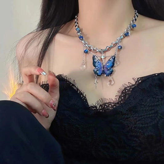 Fancy Fashion Blue Butterfly Tassel Necklace