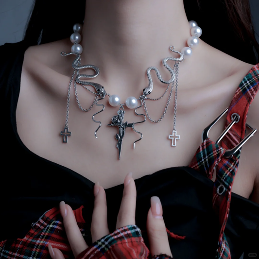 Y2K Gothic Style Double Snake & Cross Pearl Necklace