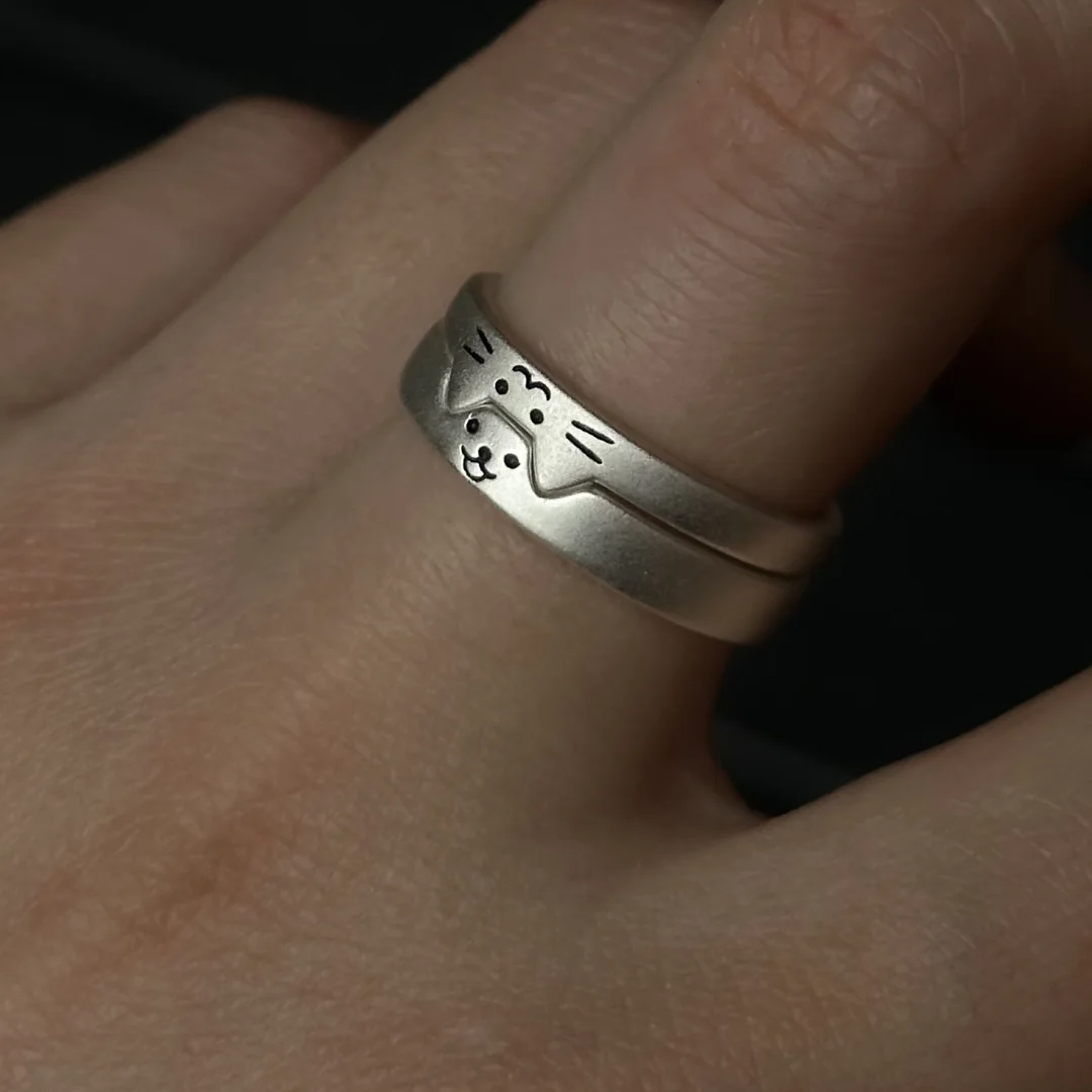 Cute Silver Cat & Dog Couple Open Rings