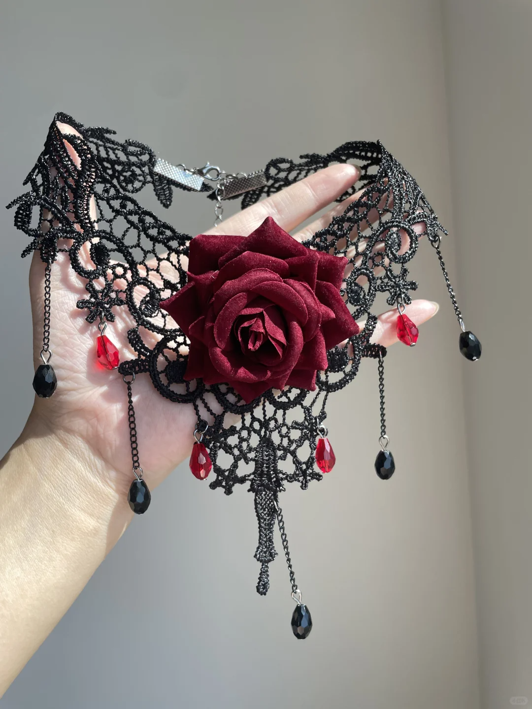 Gothic Girl Lace Red Rose Tassel Choker Necklace