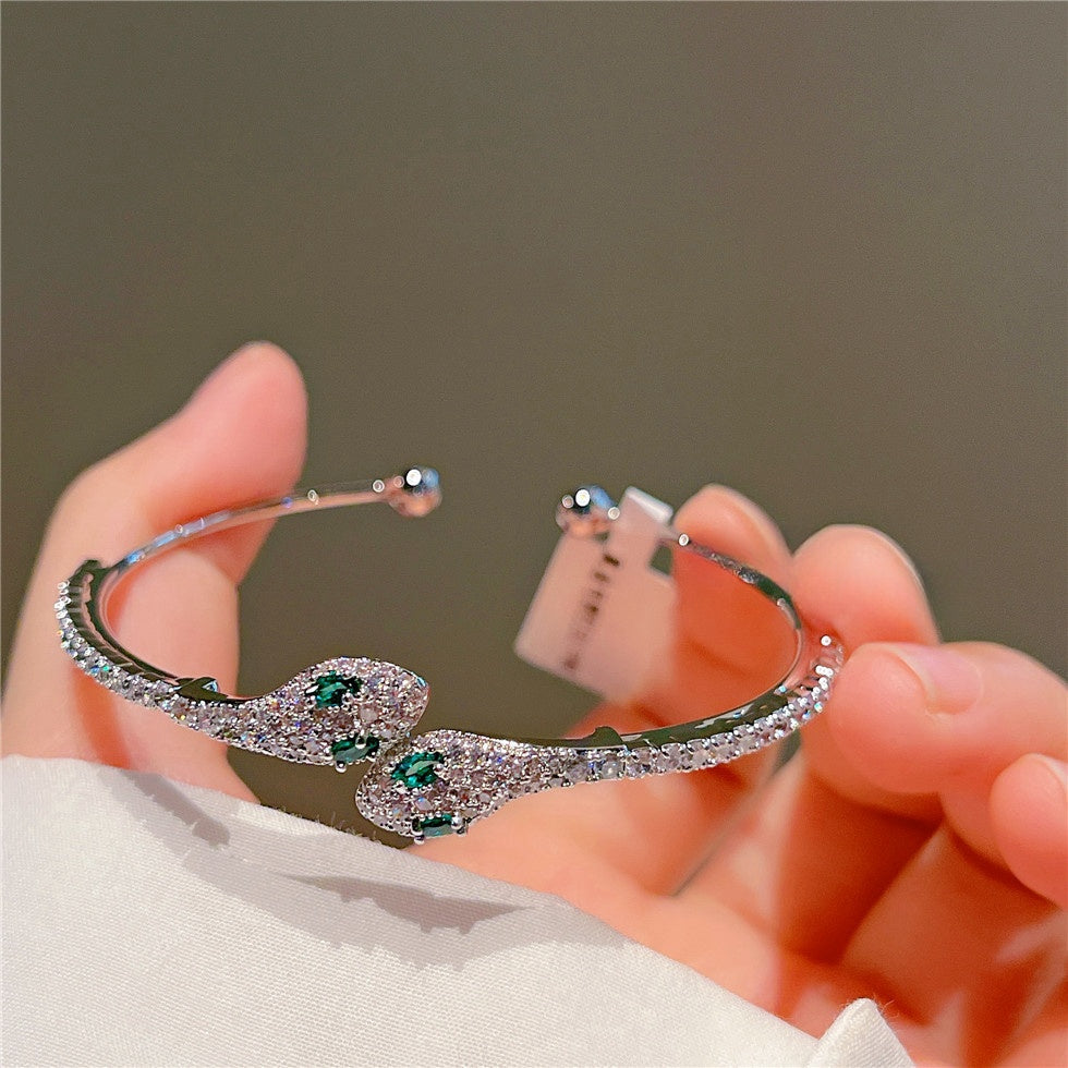 Snake Rhinestone Green Eye Shining Silver Bracelet