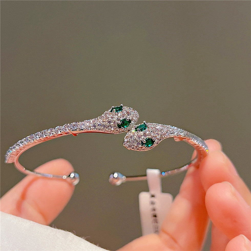 Snake Rhinestone Green Eye Shining Silver Bracelet