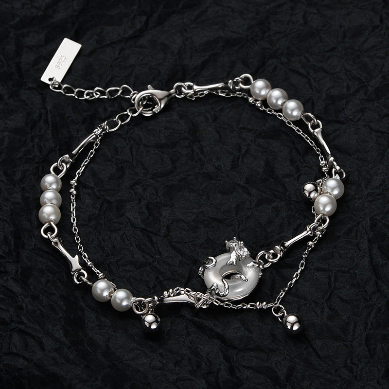 S925 Silver Women White Jade Safety Clasp & Pearl Bracelet