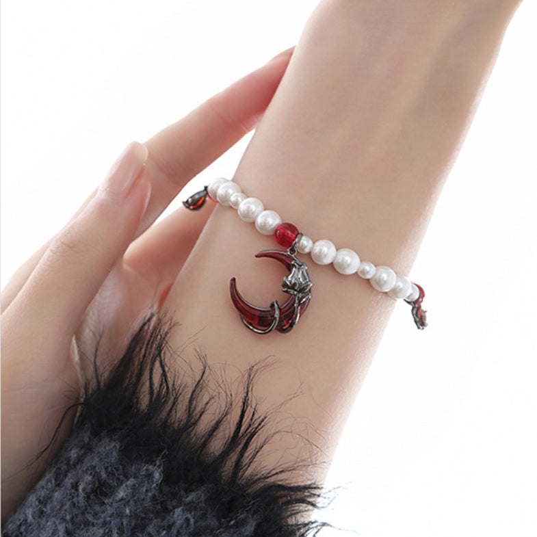 Dark Red Half Moon & Black Rose Pearl Bracelet