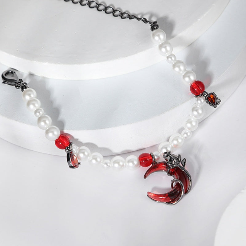 Dark Red Half Moon & Black Rose Pearl Bracelet