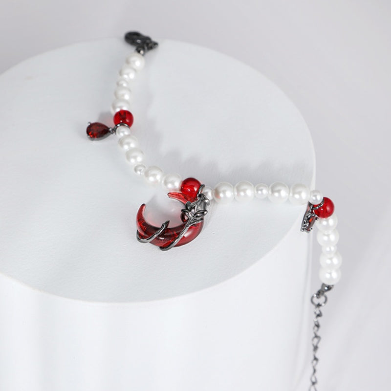 Dark Red Half Moon & Black Rose Pearl Bracelet