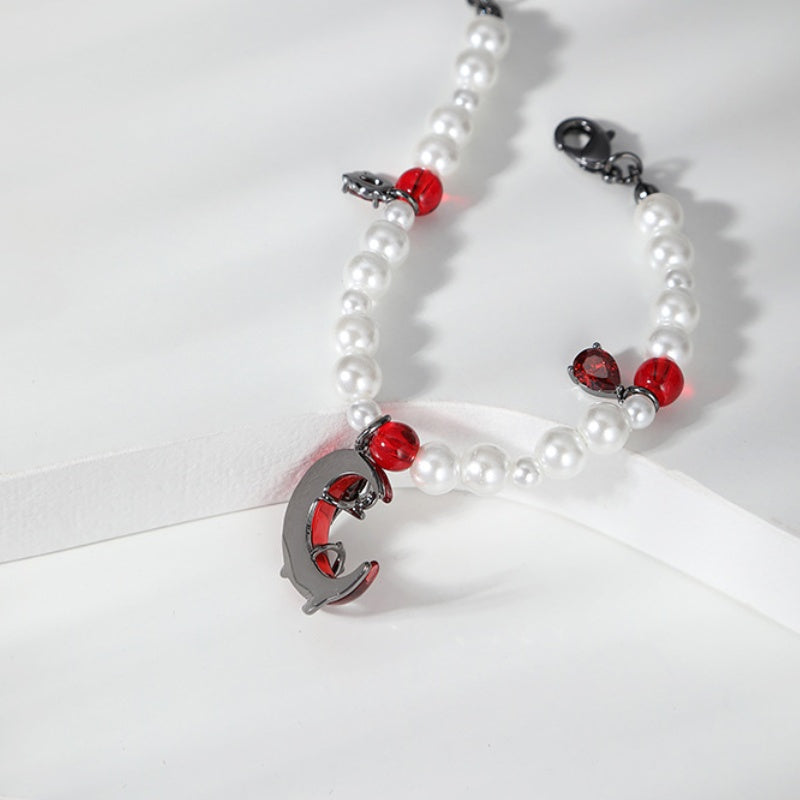 Dark Red Half Moon & Black Rose Pearl Bracelet