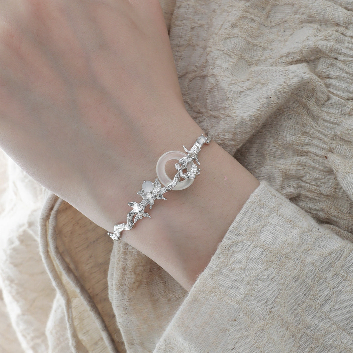 S925 Silver Butterfly White Jade Bracelet