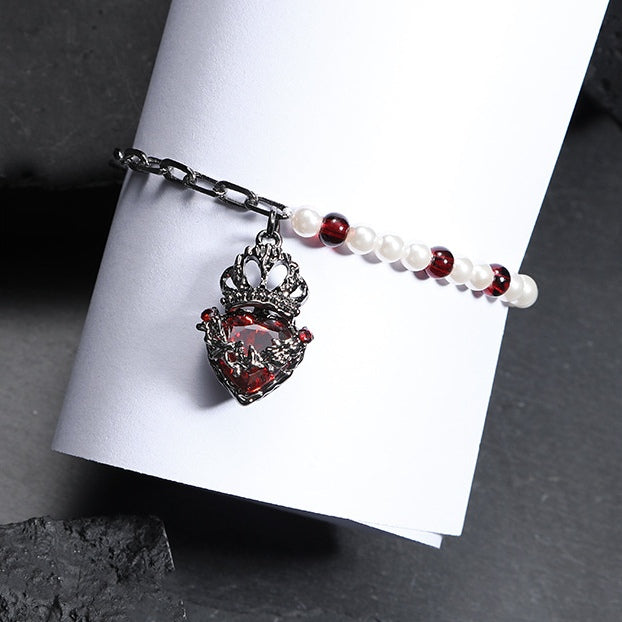 Gothic Girl Black Crown Heart White Pearl Bracelet