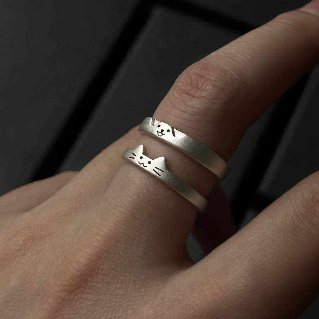 Cute Silver Cat & Dog Couple Open Rings