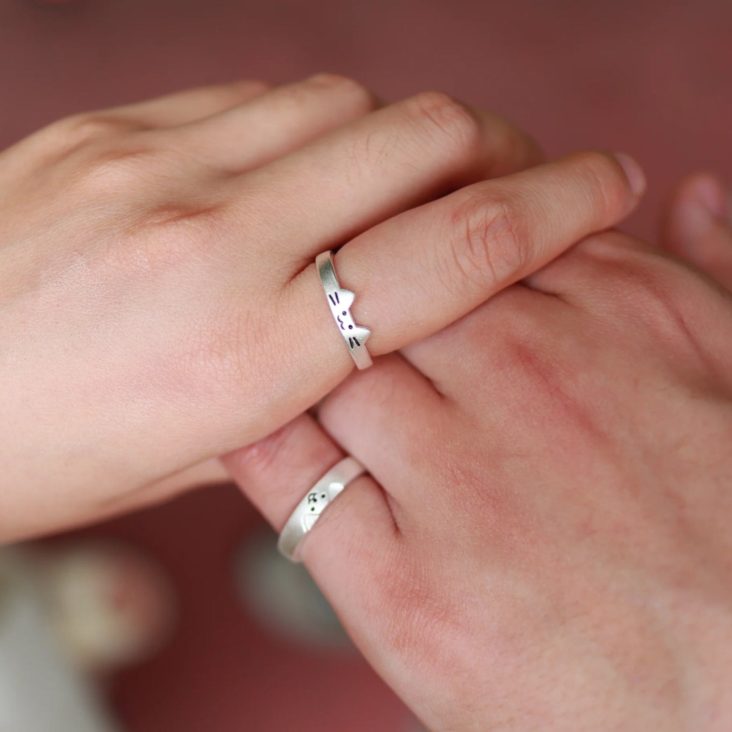 Cute Silver Cat & Dog Couple Open Rings