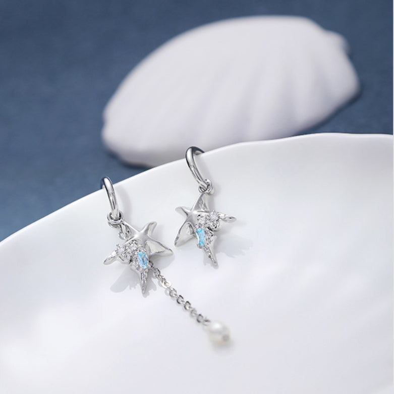 Women Cute Star Pearl Asymmetric Metal Earring