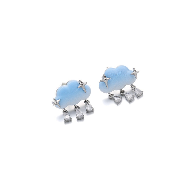 Girl Cute Blue Cloud & Star Shining Rhinestone Stud Earring