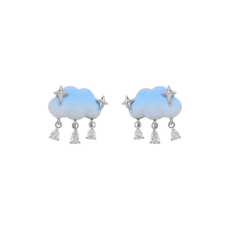 Girl Cute Blue Cloud & Star Shining Rhinestone Stud Earring