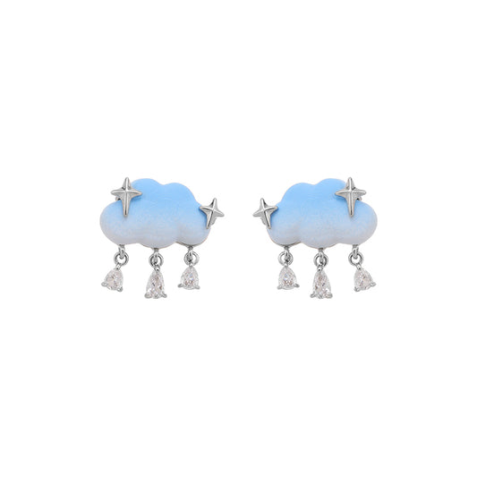 Girl Cute Blue Cloud & Star Shining Rhinestone Stud Earring