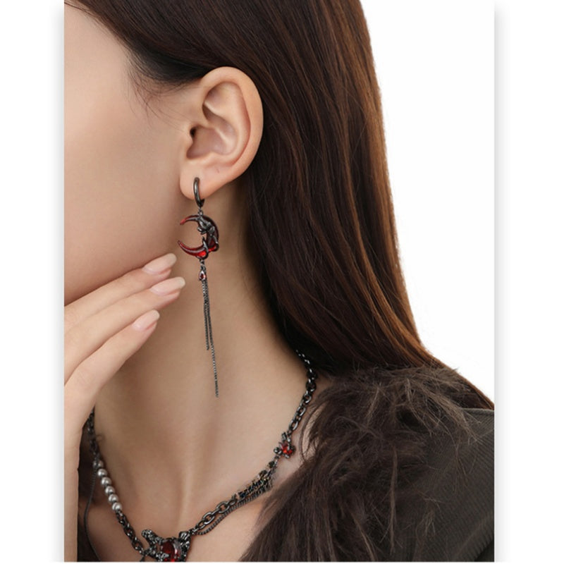 Dark Red Half Moon & Black Rose Asymmetric Hoop Earring