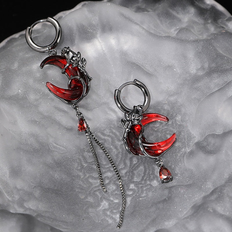 Dark Red Half Moon & Black Rose Asymmetric Hoop Earring